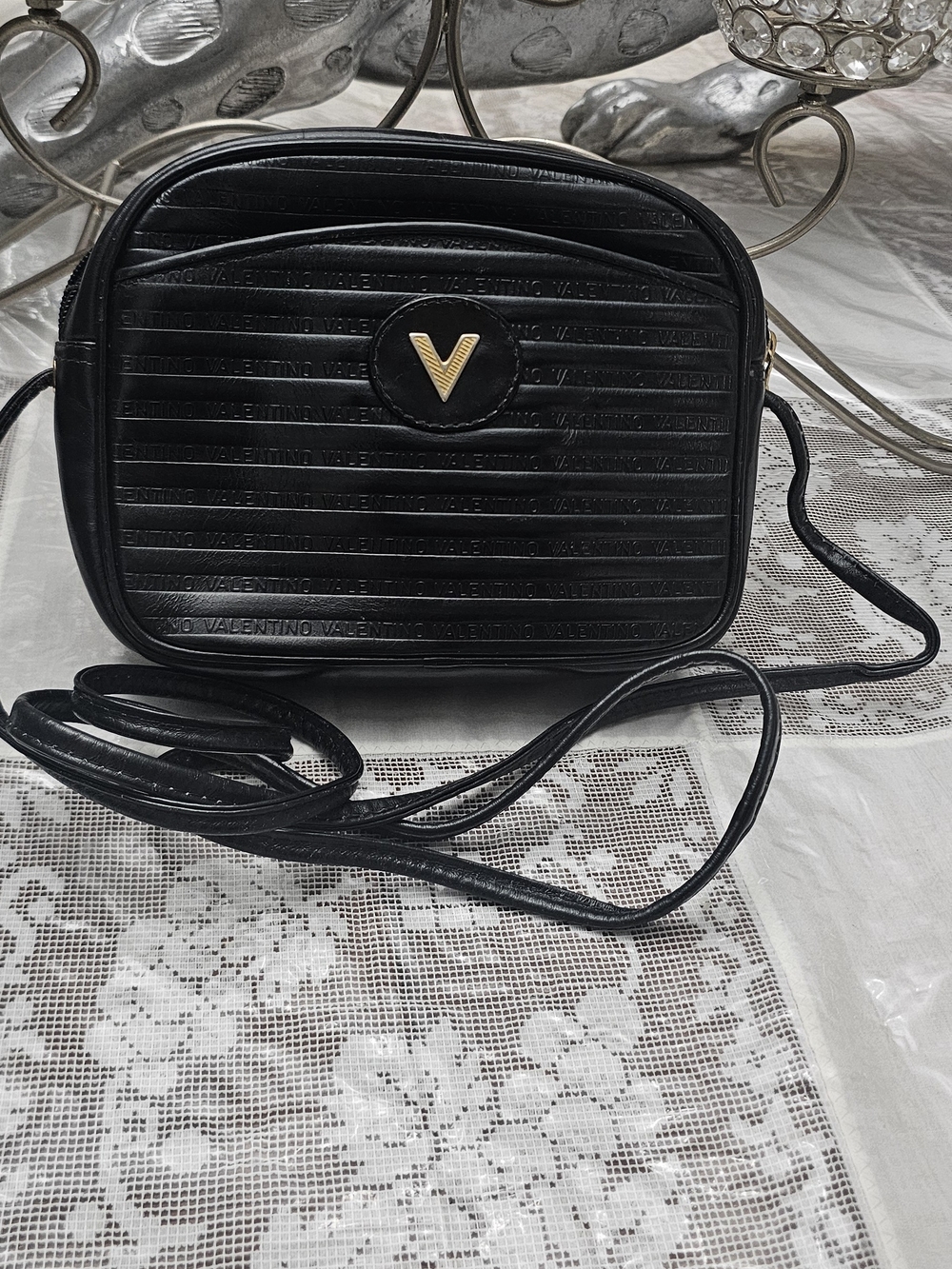 Mario Valentino Black Quilted Crossbody Bag with Gold V Logo